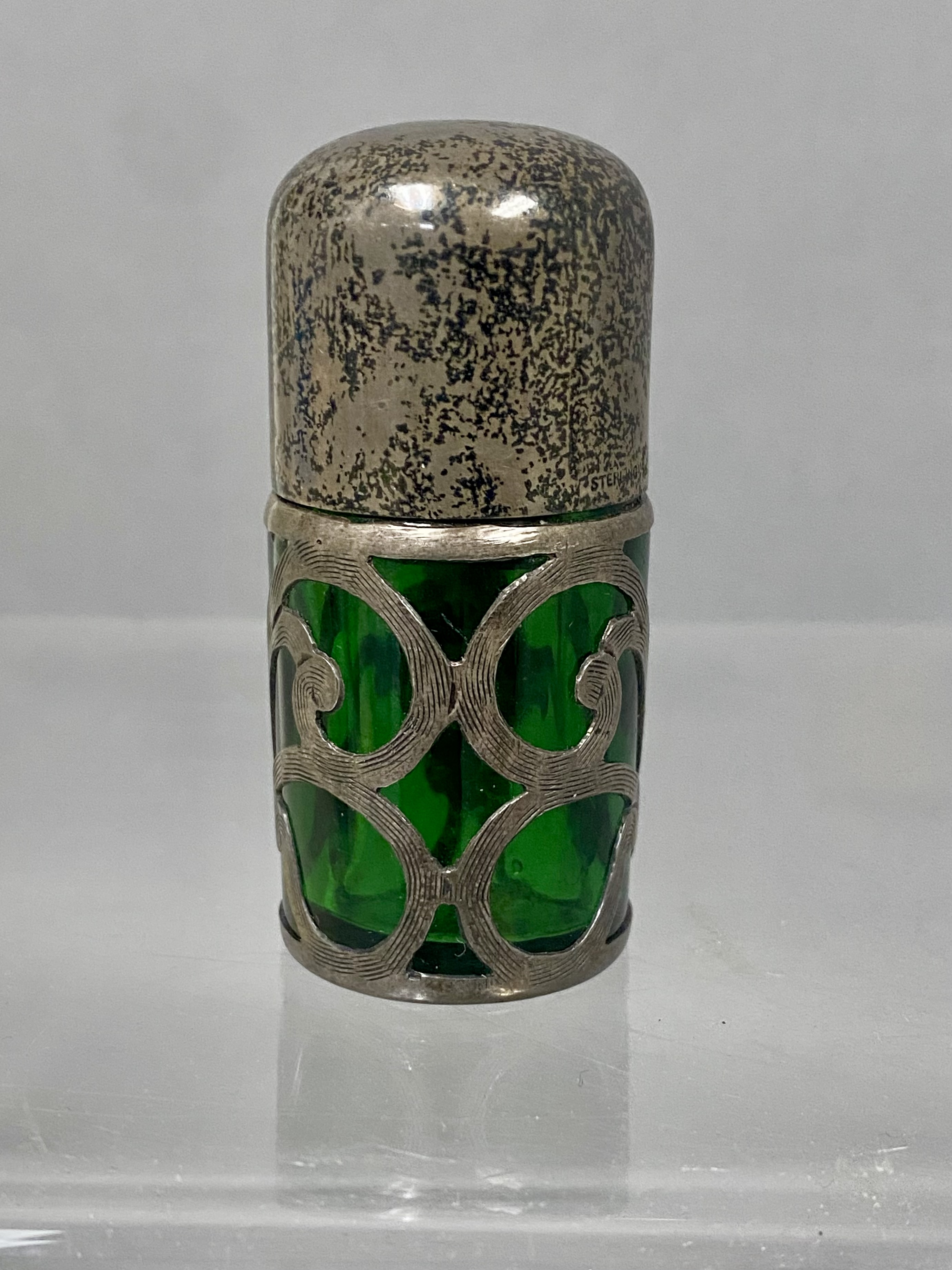Sterling Silver Overlay Green Glass Scent Bottle