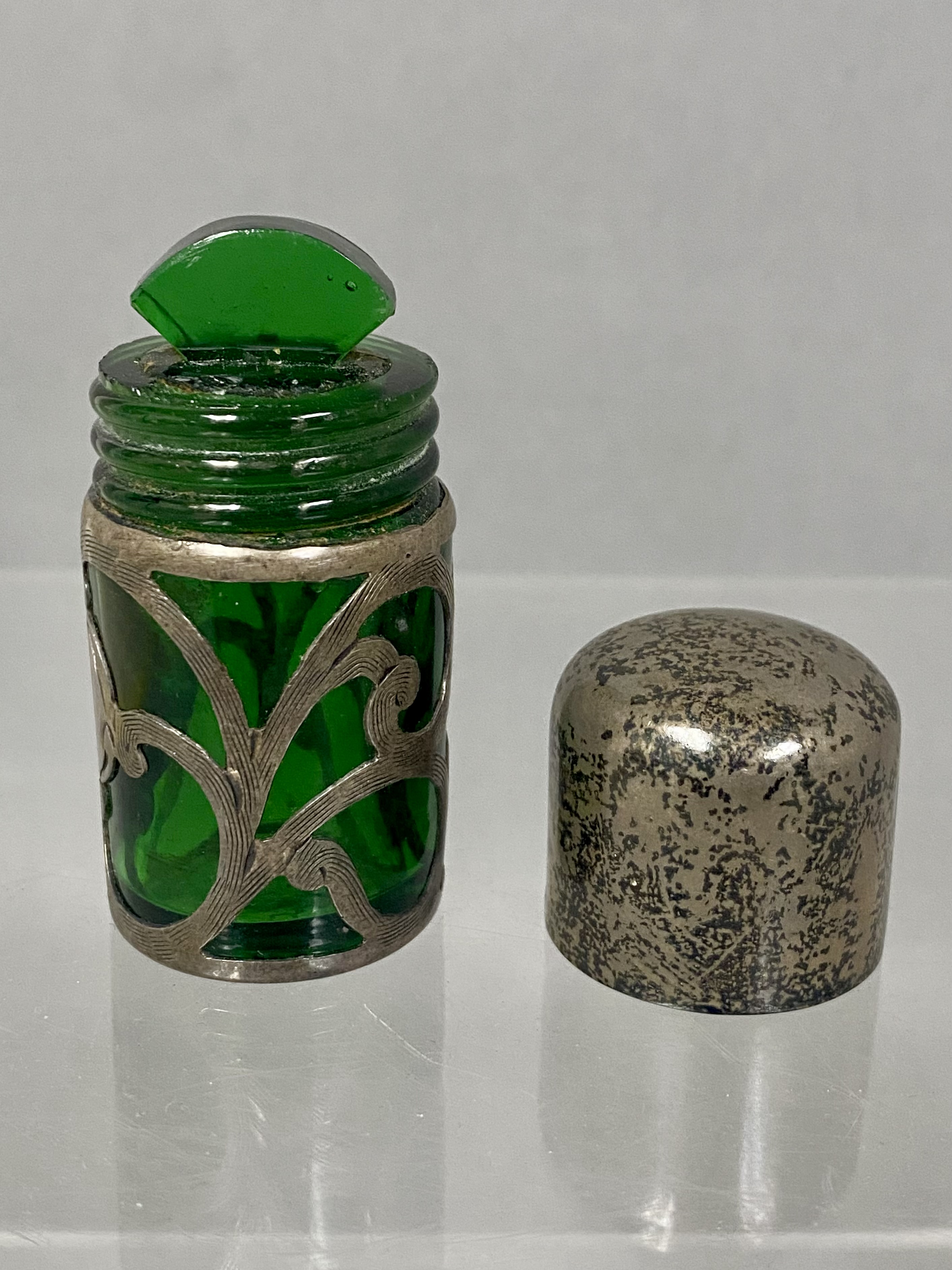 Sterling Silver Overlay Green Glass Scent Bottle