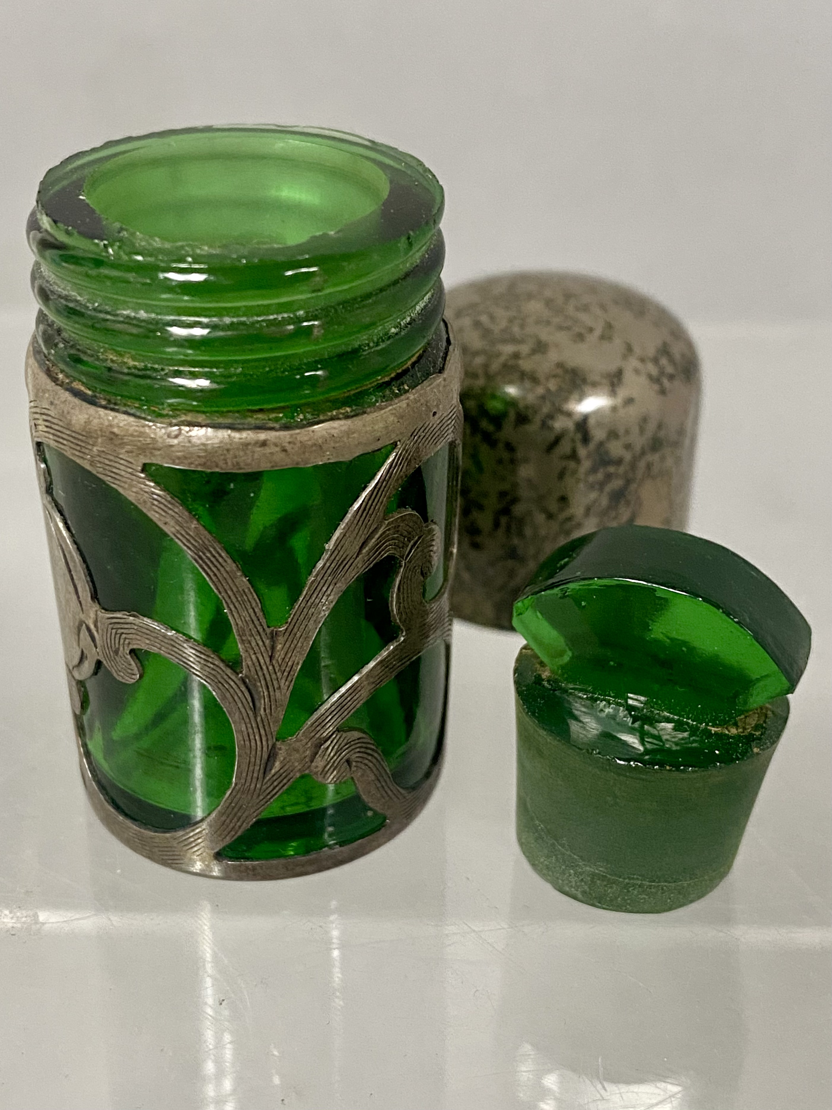 Sterling Silver Overlay Green Glass Scent Bottle