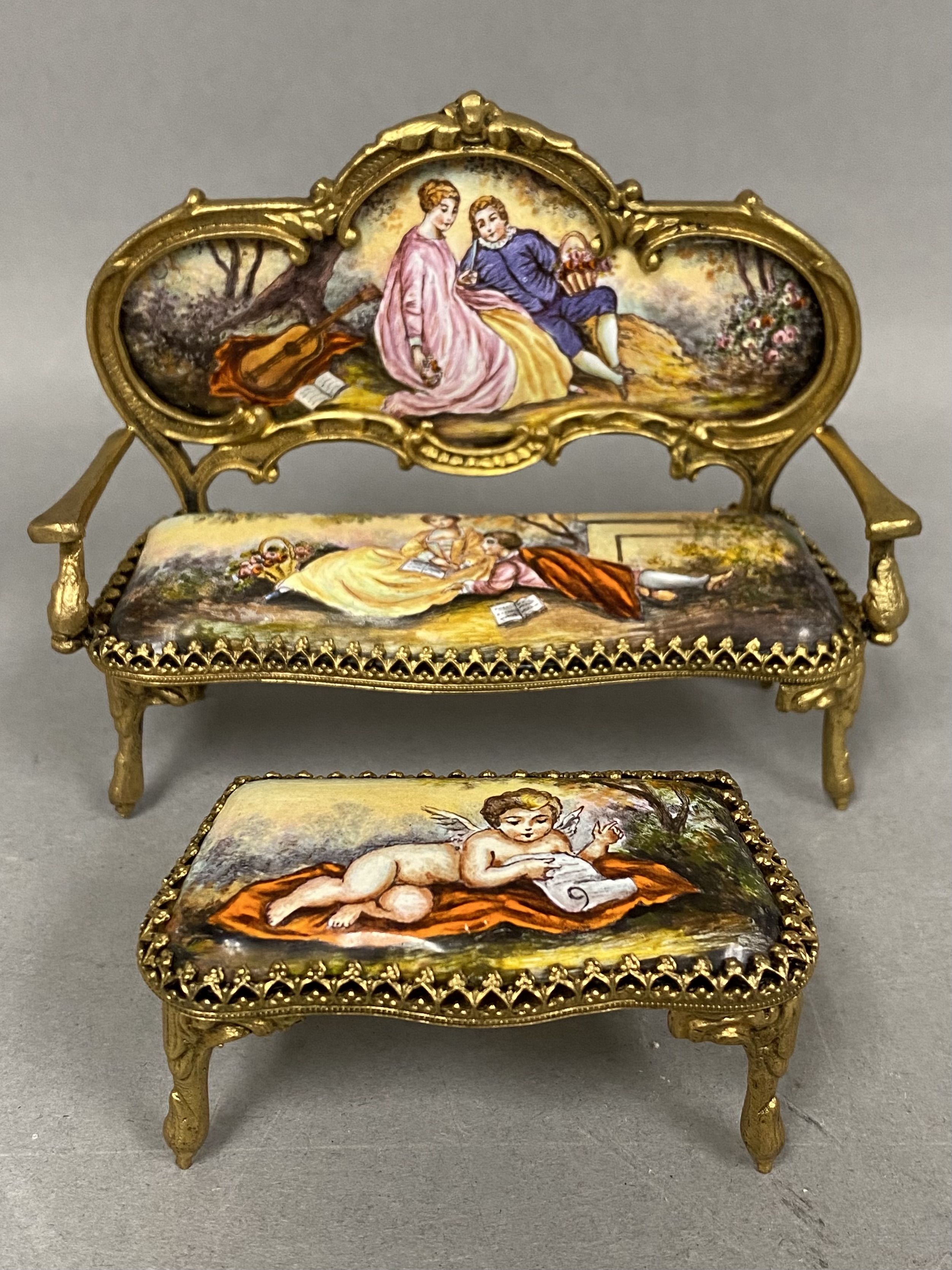 Gilt Metal & Enamel Miniature Settee & Footstool