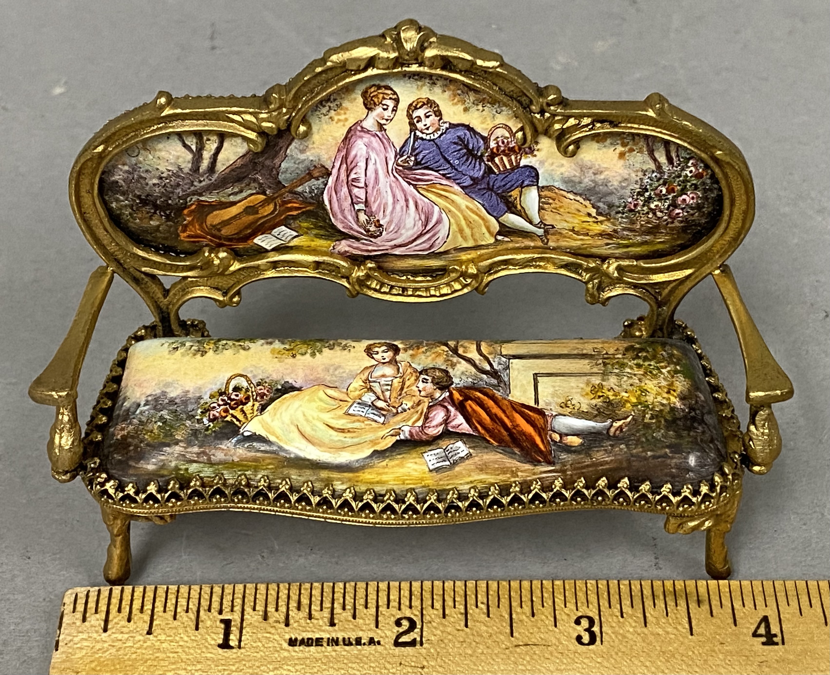 Gilt Metal & Enamel Miniature Settee & Footstool