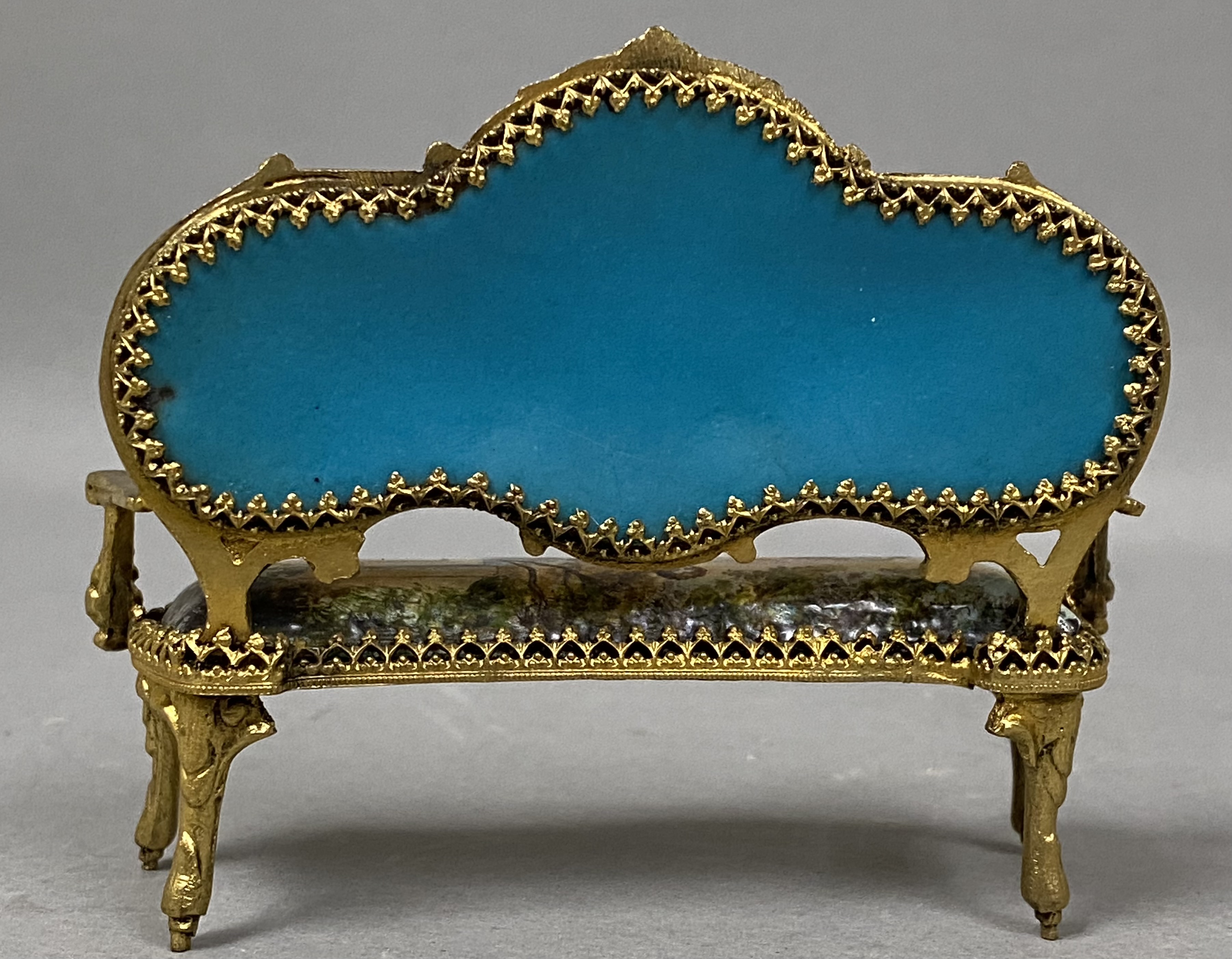 Gilt Metal & Enamel Miniature Settee & Footstool