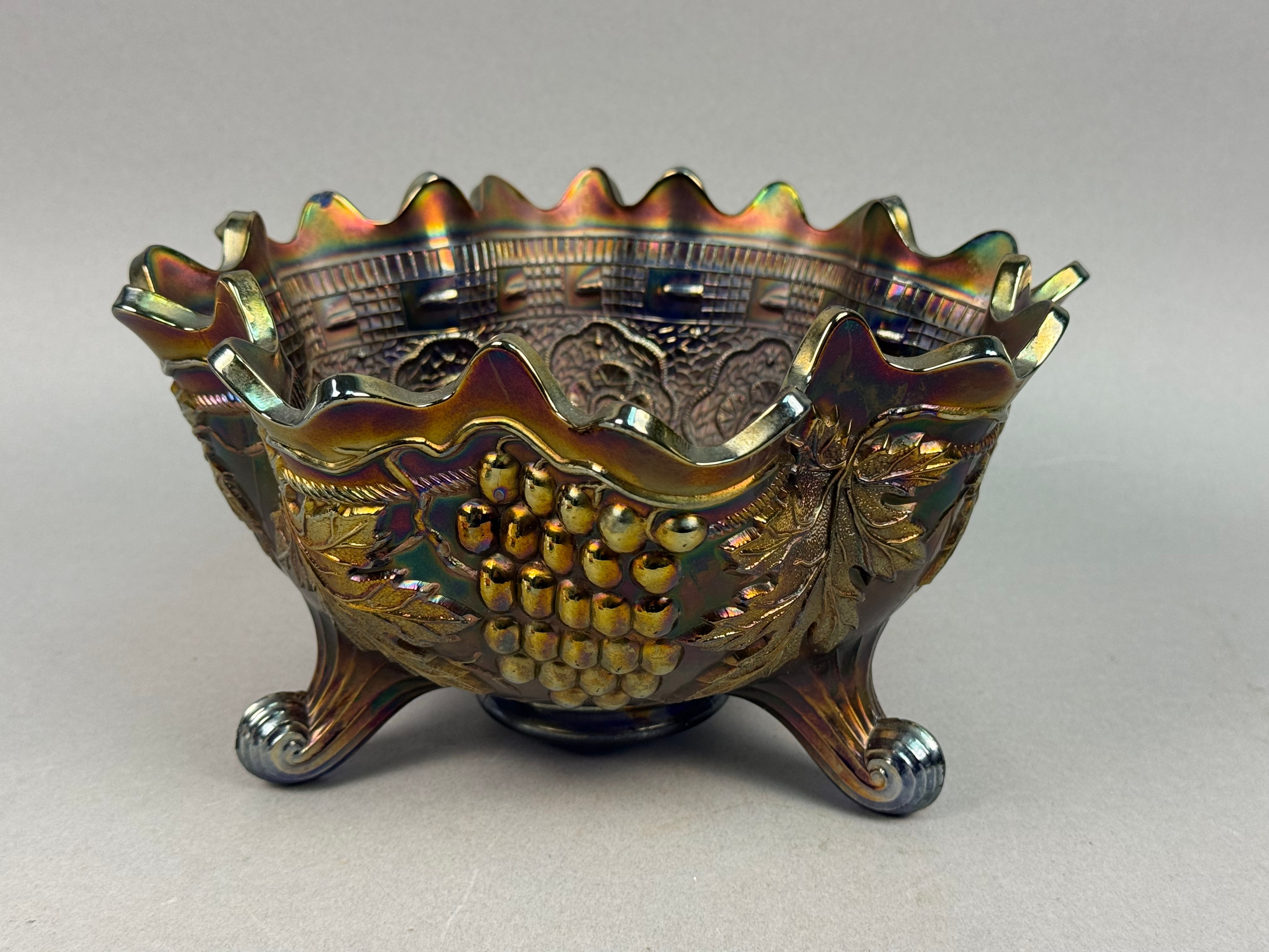 Blue Iridescent Grape & Lace Footed Bowl
