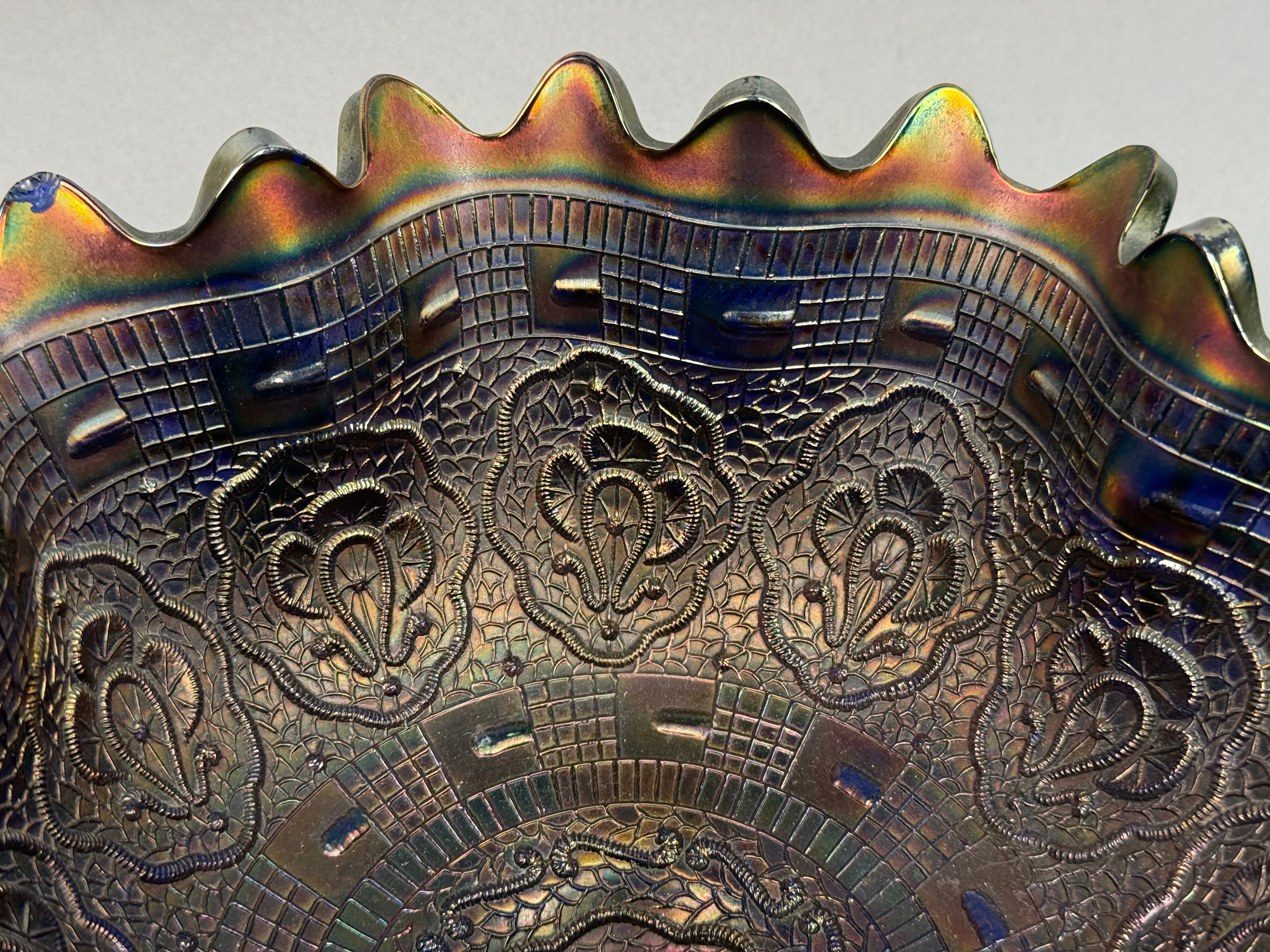 Blue Iridescent Grape & Lace Footed Bowl