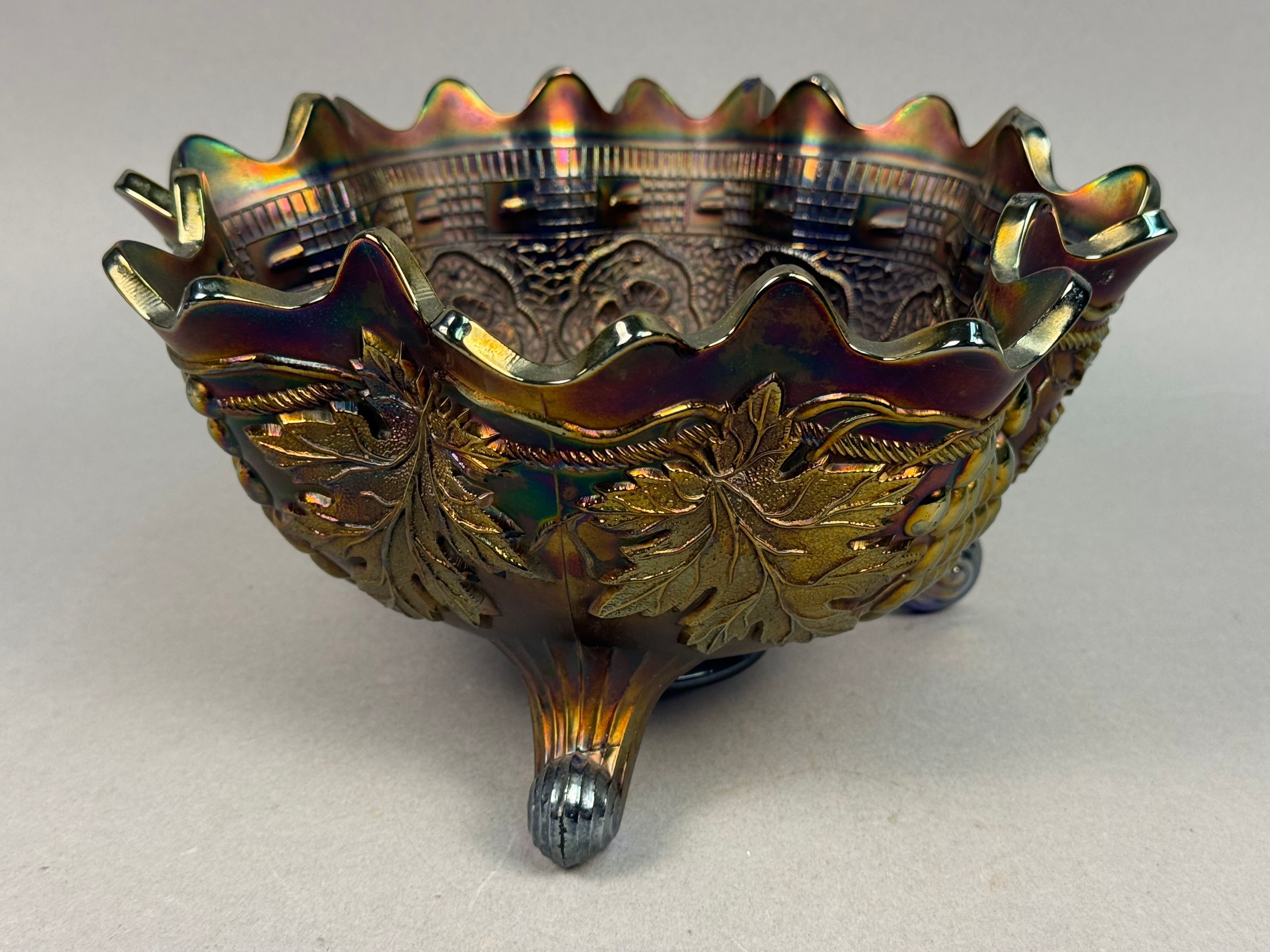 Blue Iridescent Grape & Lace Footed Bowl