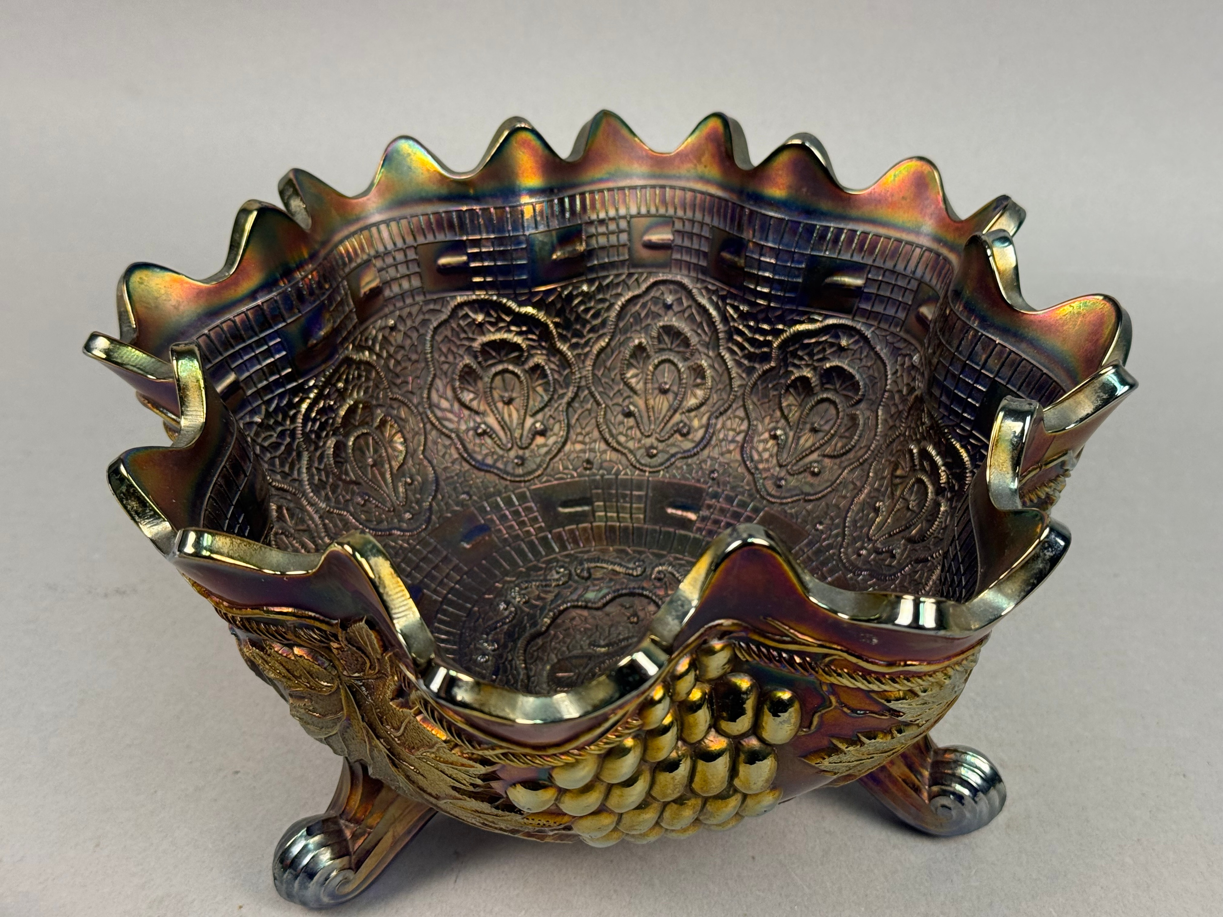 Blue Iridescent Grape & Lace Footed Bowl