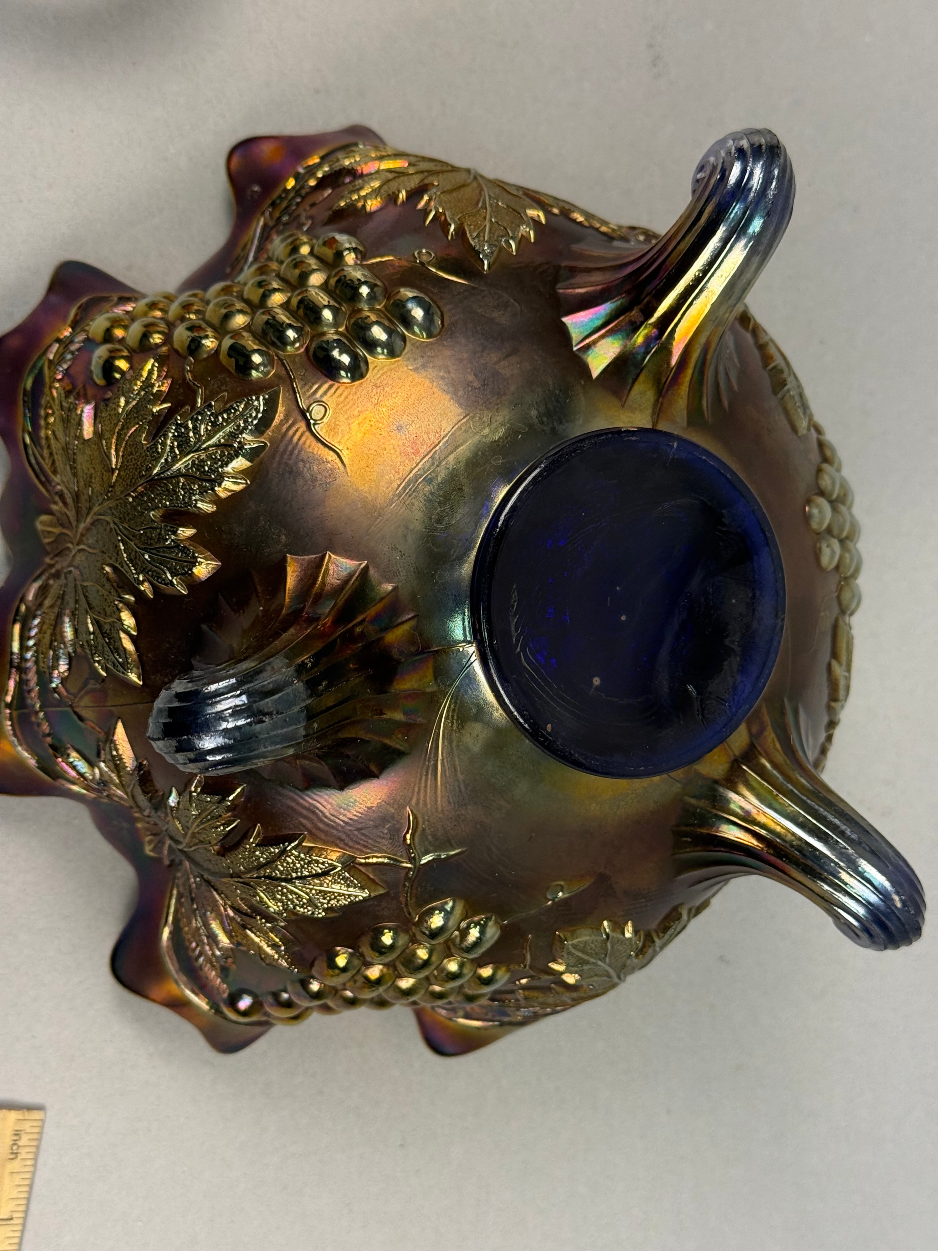 Blue Iridescent Grape & Lace Footed Bowl