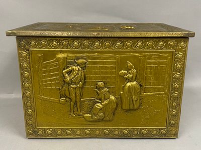 NSH England Embossed Brass Log Box. A vintage decorative fireplace log box constructed of a 