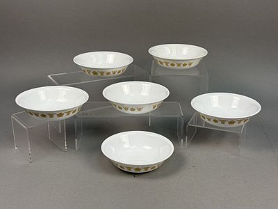 Corelle Butterfly Gold Vitrelle Bowls. A set of six white glass-ceramic bowls in the Butterfly 