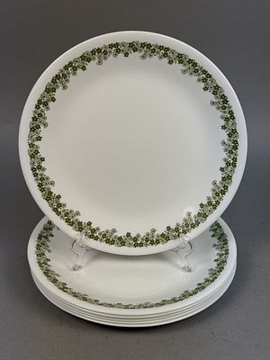 Corelle Spring Blossom Green Vitrified Glass Dinner Plates. A set of six vitrified white opal 