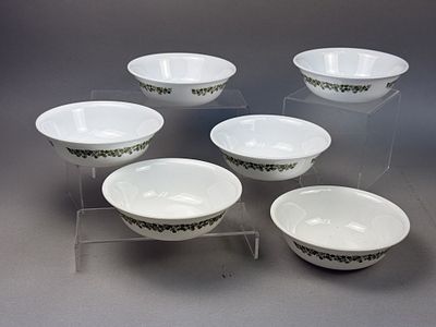 Corelle Spring Blossom Green Vitrelle Bowls. A set of six white tempered glass bowls produced in 