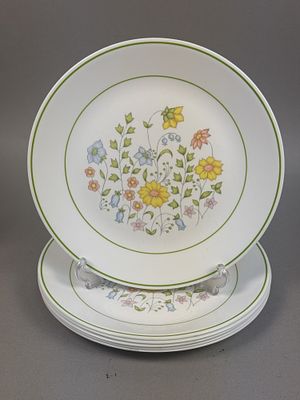 Corelle Spring Meadow Porcelain Dinner Plates. A set of six circular dinner plates crafted from 