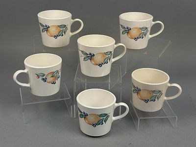 Corning Abundance Fruit Pattern Beverage Mugs. A set of six white beverage mugs manufactured by 