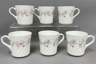 6pc Corning Wisteria Vitrelle Mugs. A set of six white glass-ceramic mugs manufactured by 