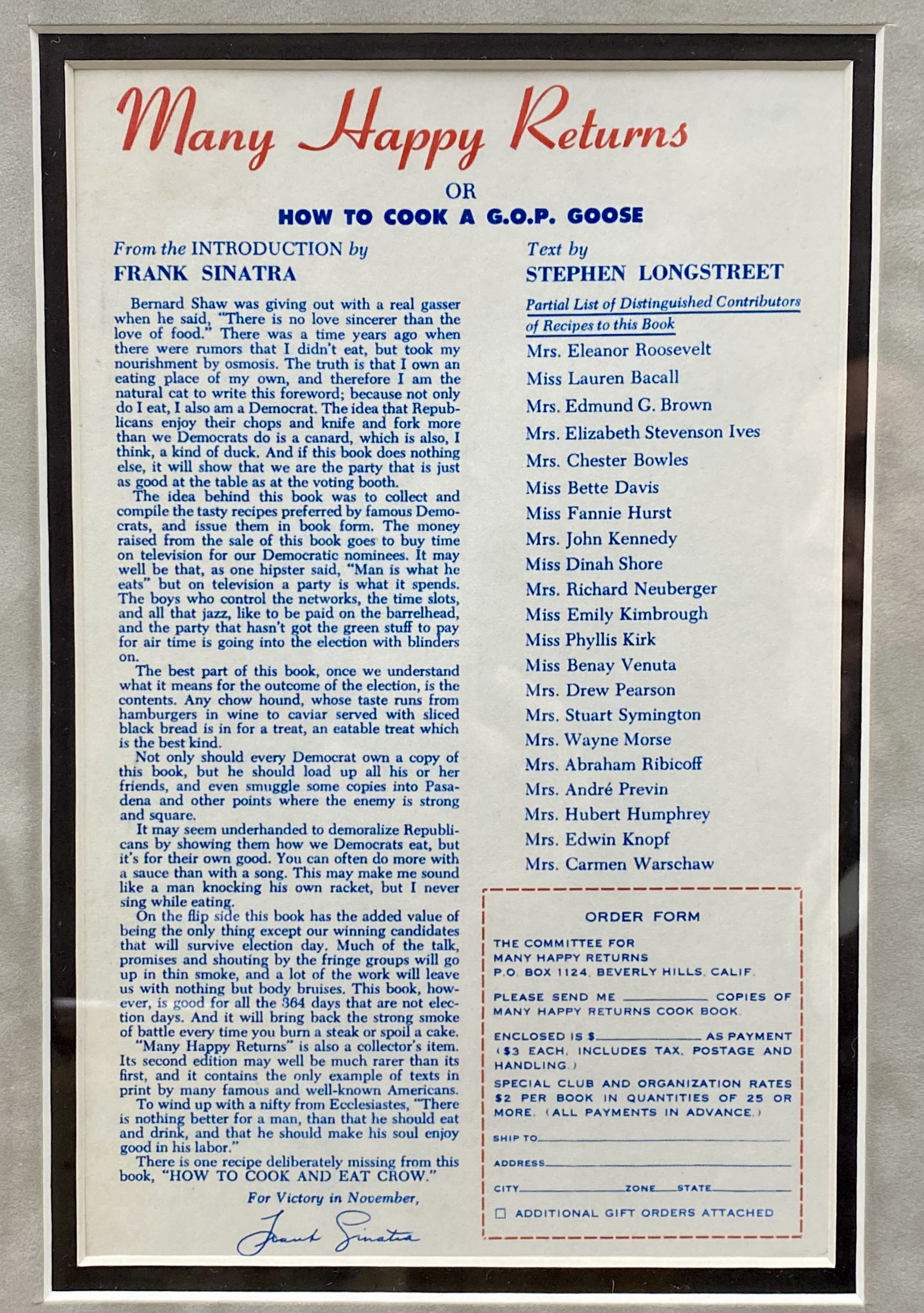 Sinatra and Kennedy Signed Memorabilia Collage