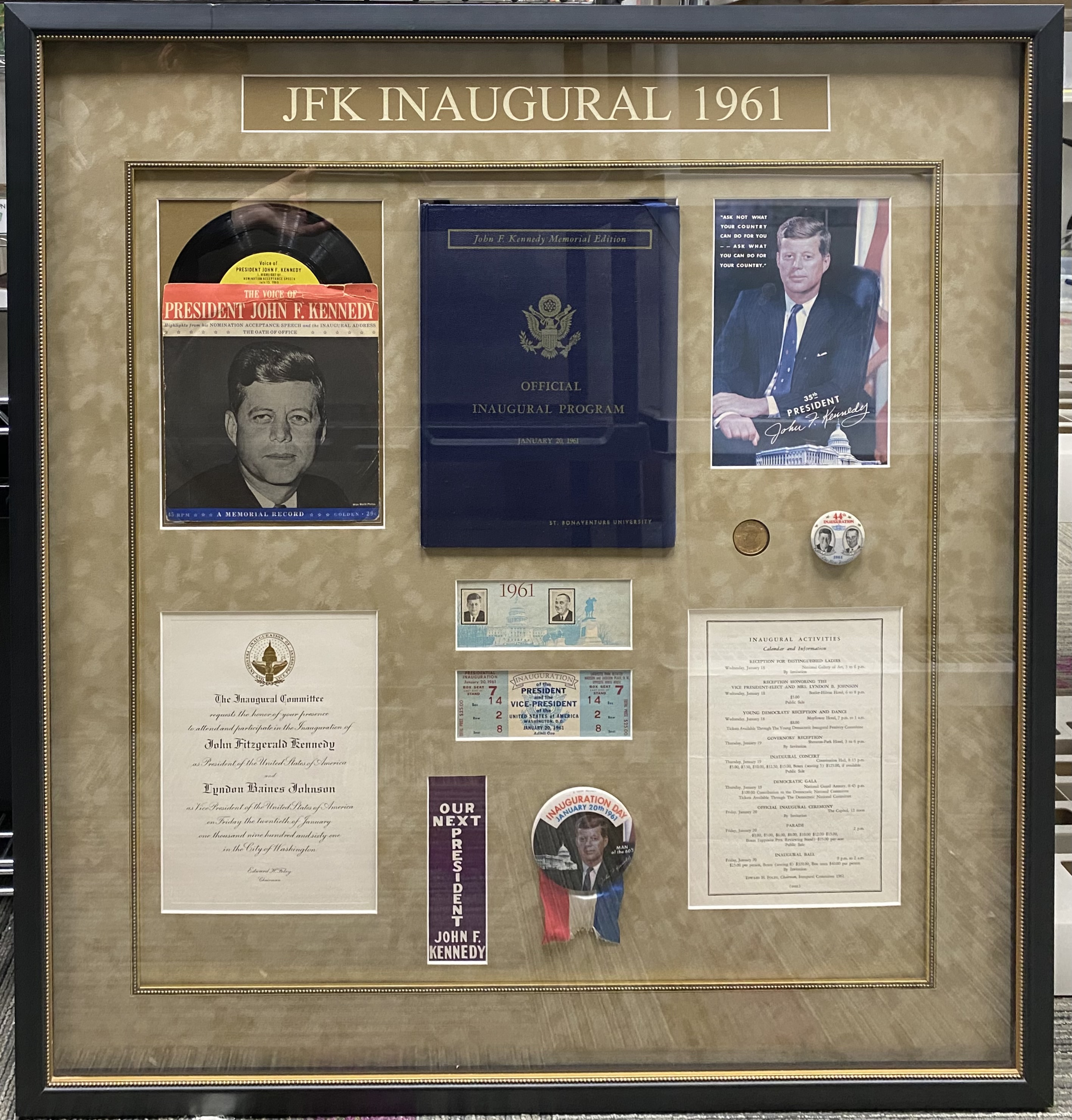 Framed 1961 JFK Inaugural Memorabilia Collection