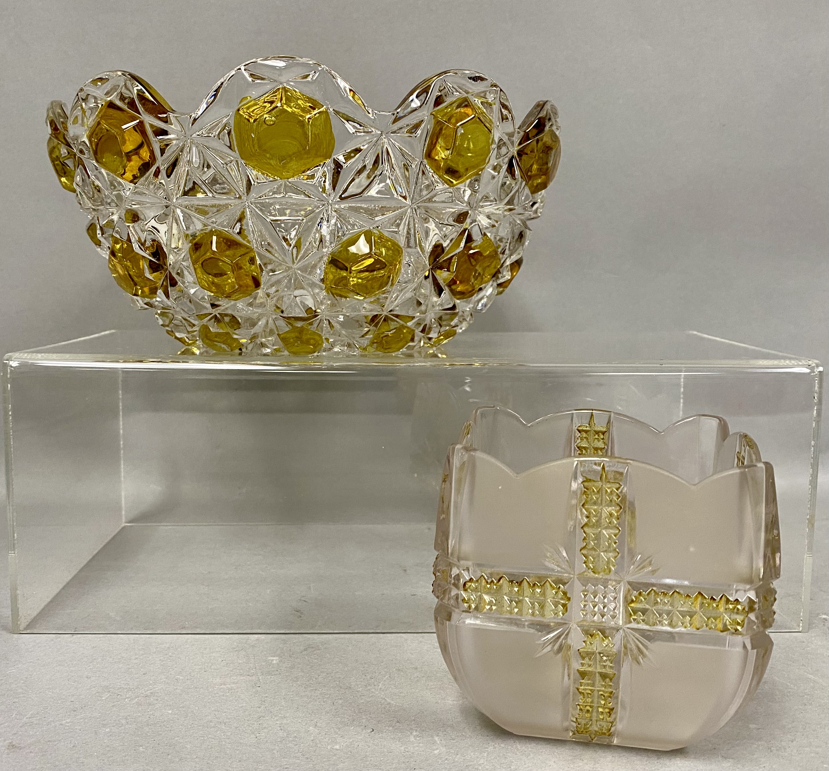 Two Yellow Stained Cut Glass Bowls