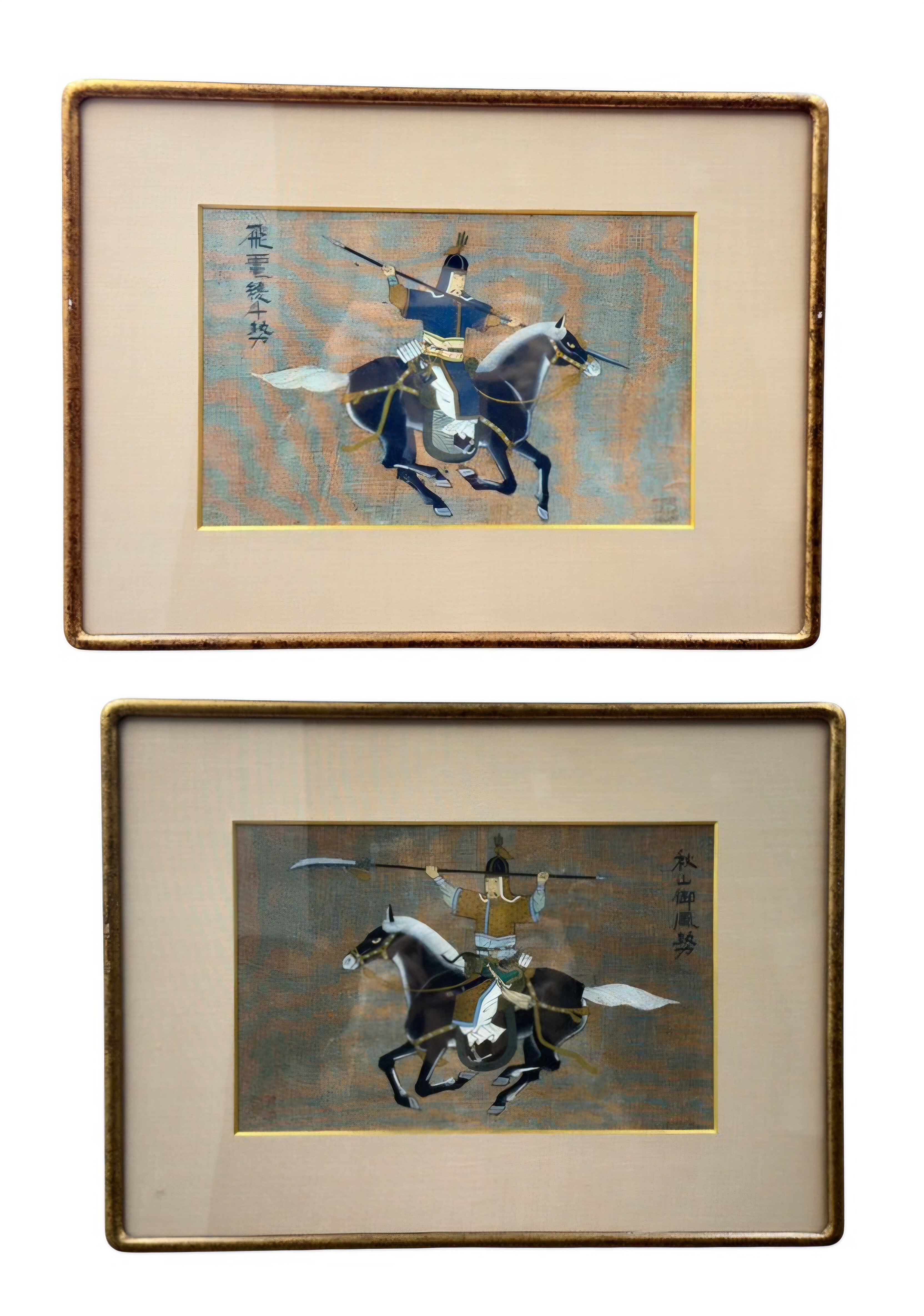 Pair of Asian Equestrian Warrior Gouache Paintings on Silk