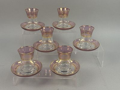 Pasabahce 24kt Gold & Pink Turkish Tea Set. A vintage set of six Turkish tea glasses and six 