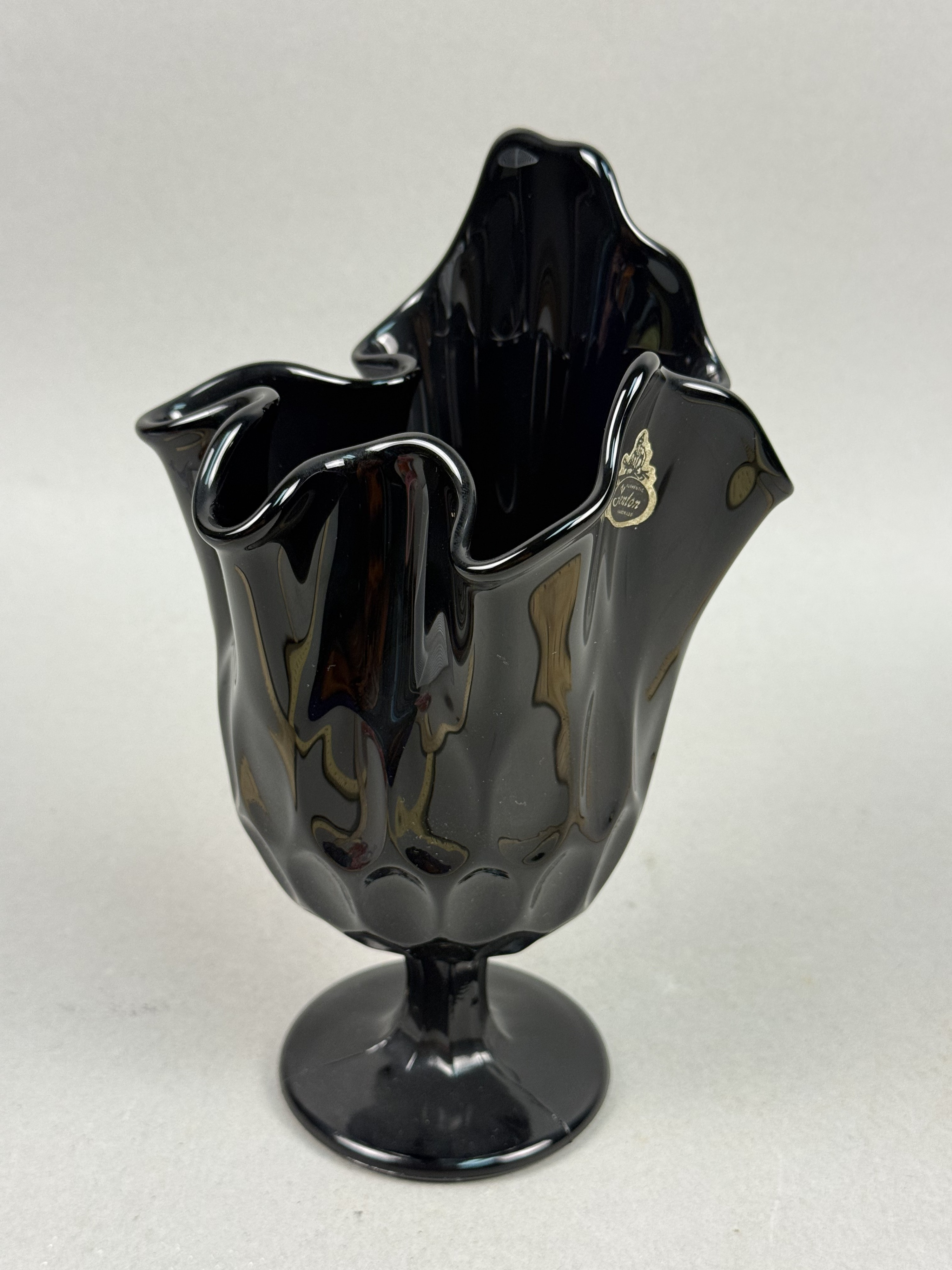 Fenton Black Glass Ruffled Thumbprint Vase