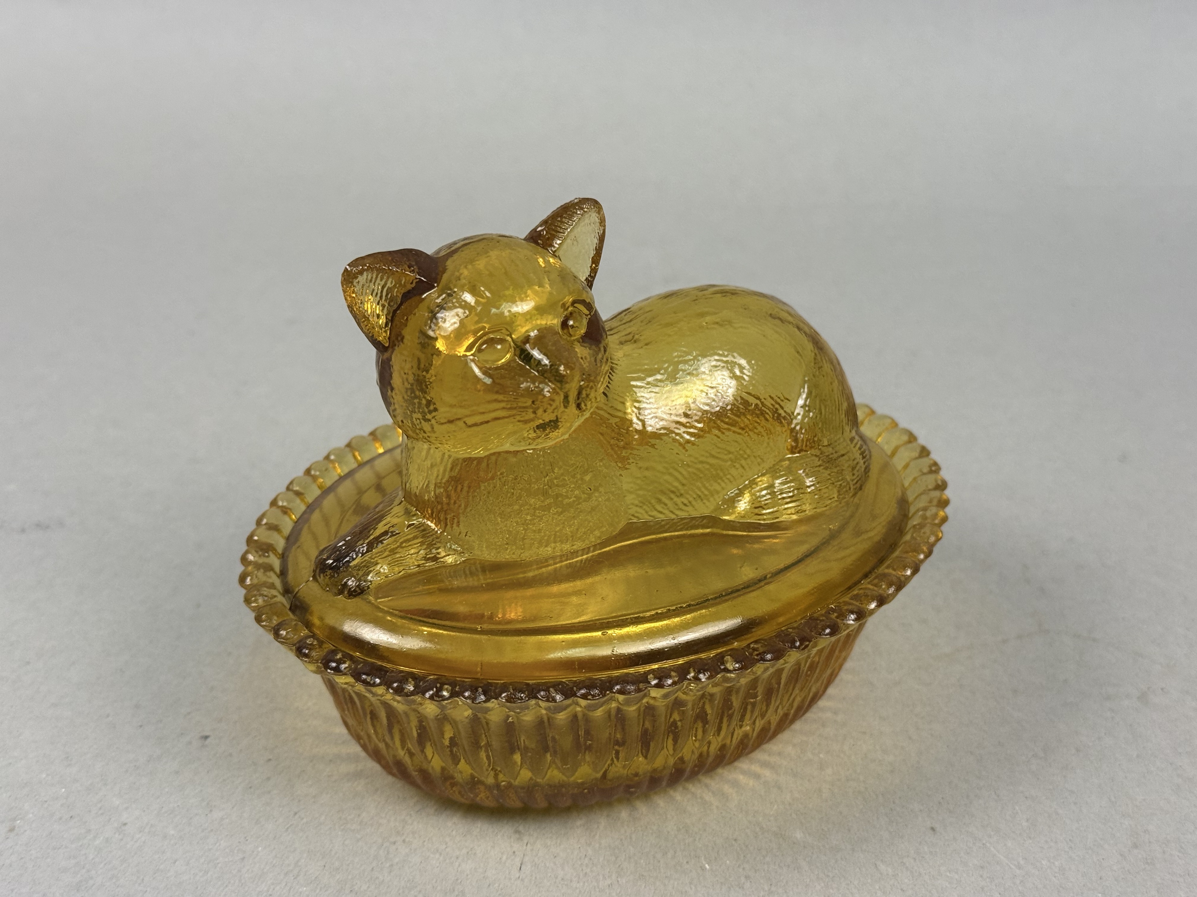 Amber Pressed Glass Nesting Cat Trinket Dish