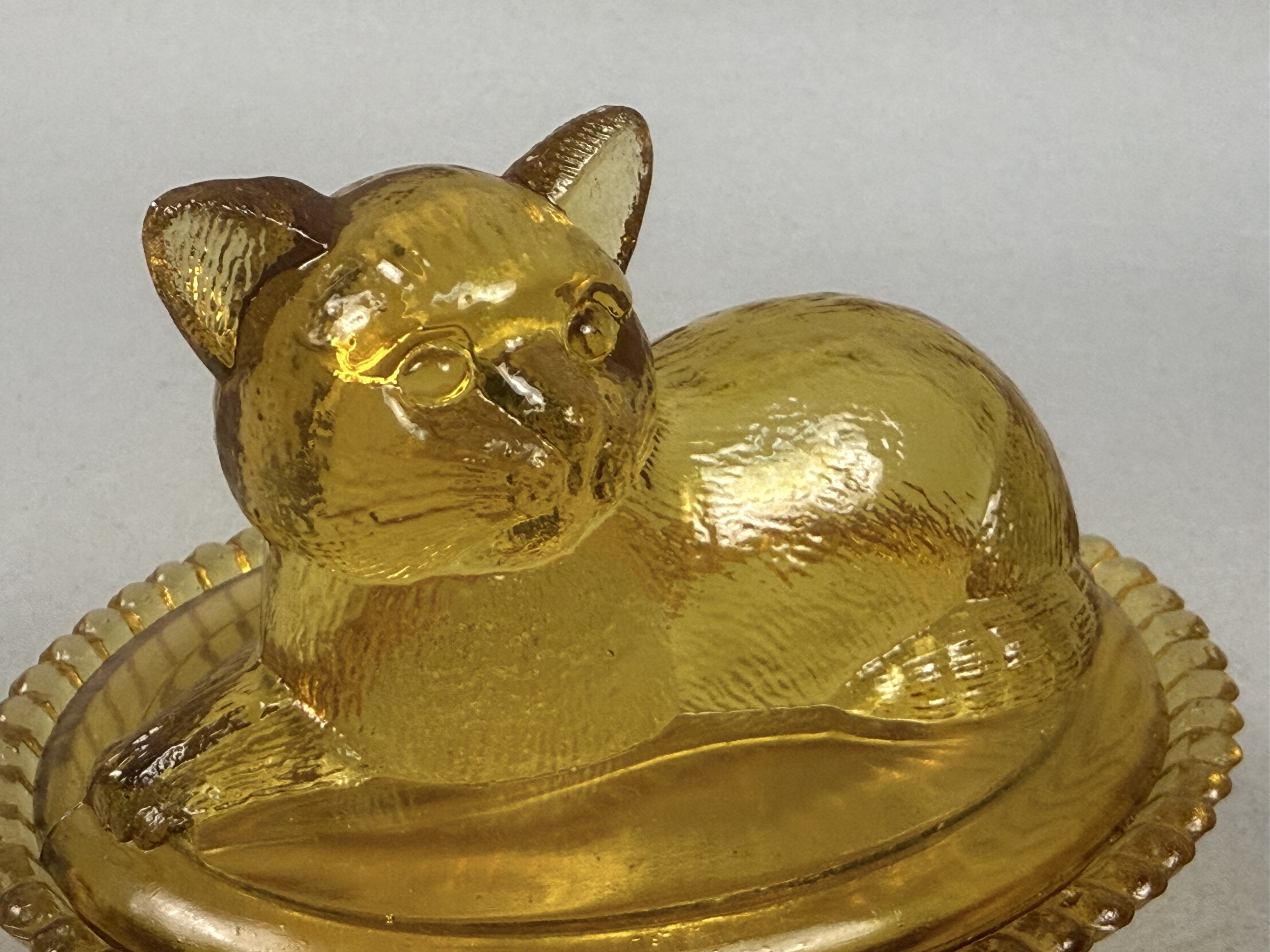 Amber Pressed Glass Nesting Cat Trinket Dish