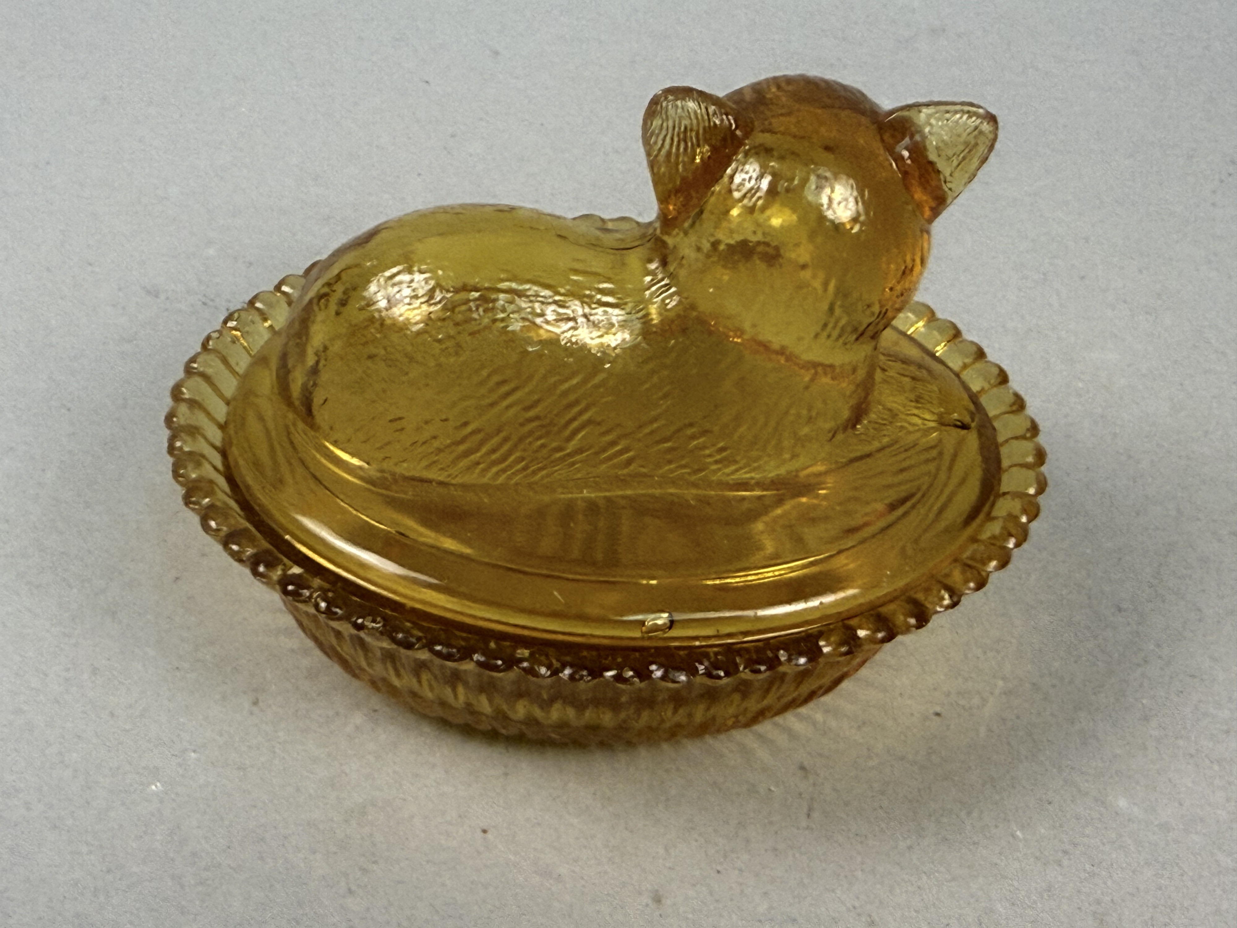 Amber Pressed Glass Nesting Cat Trinket Dish