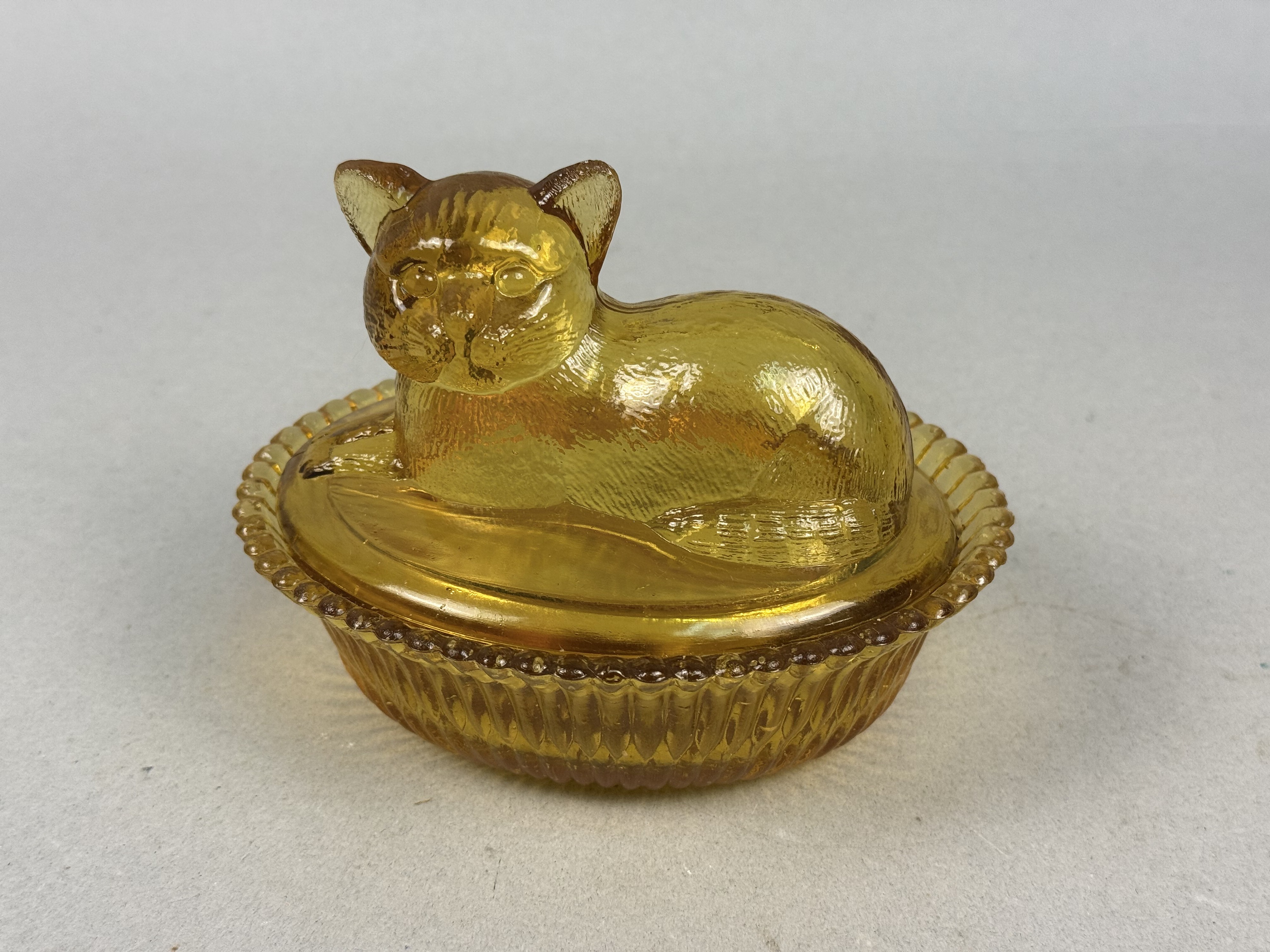 Amber Pressed Glass Nesting Cat Trinket Dish