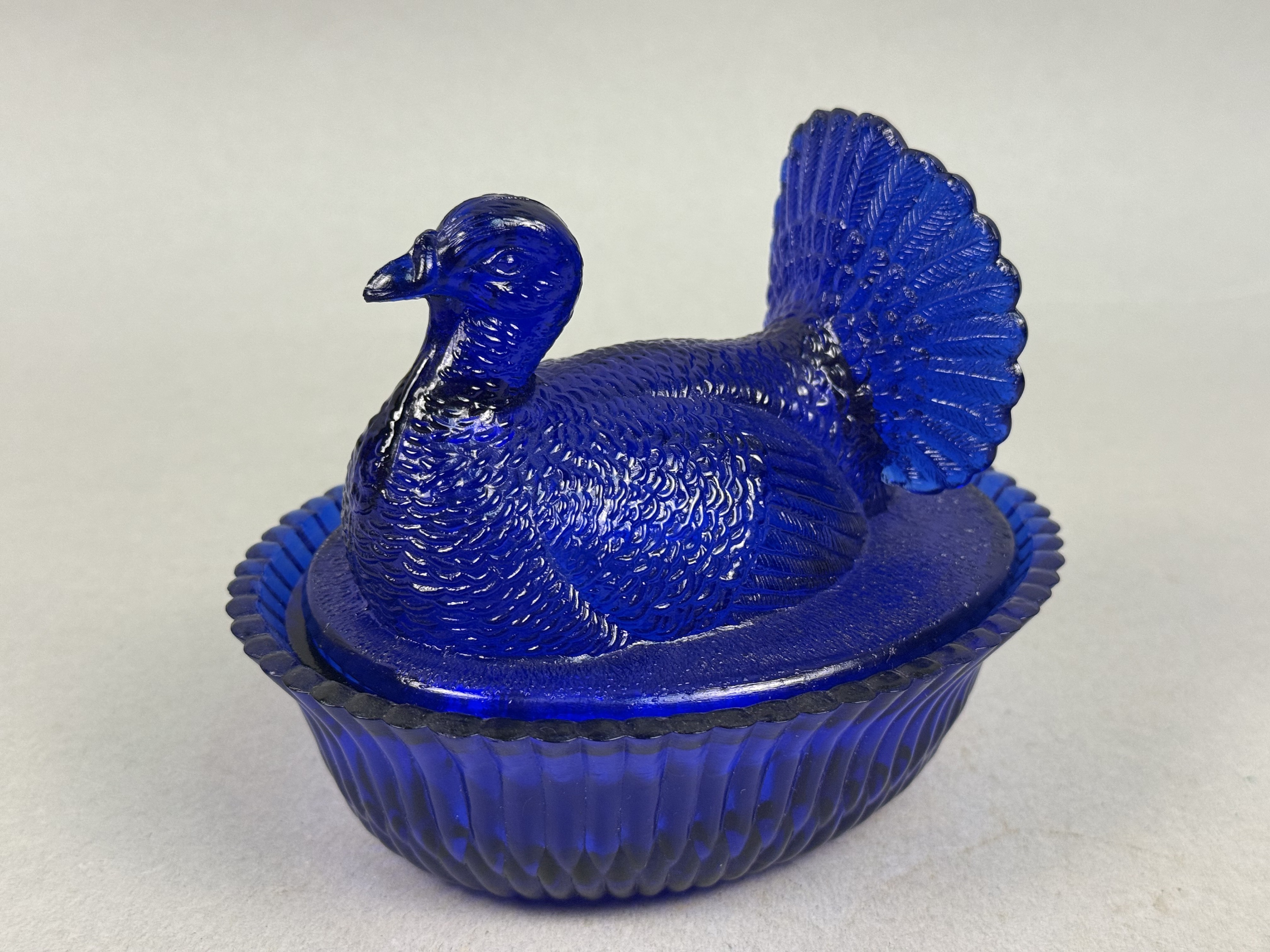 Cobalt Blue Pressed Glass Turkey on Nest Covered Dish