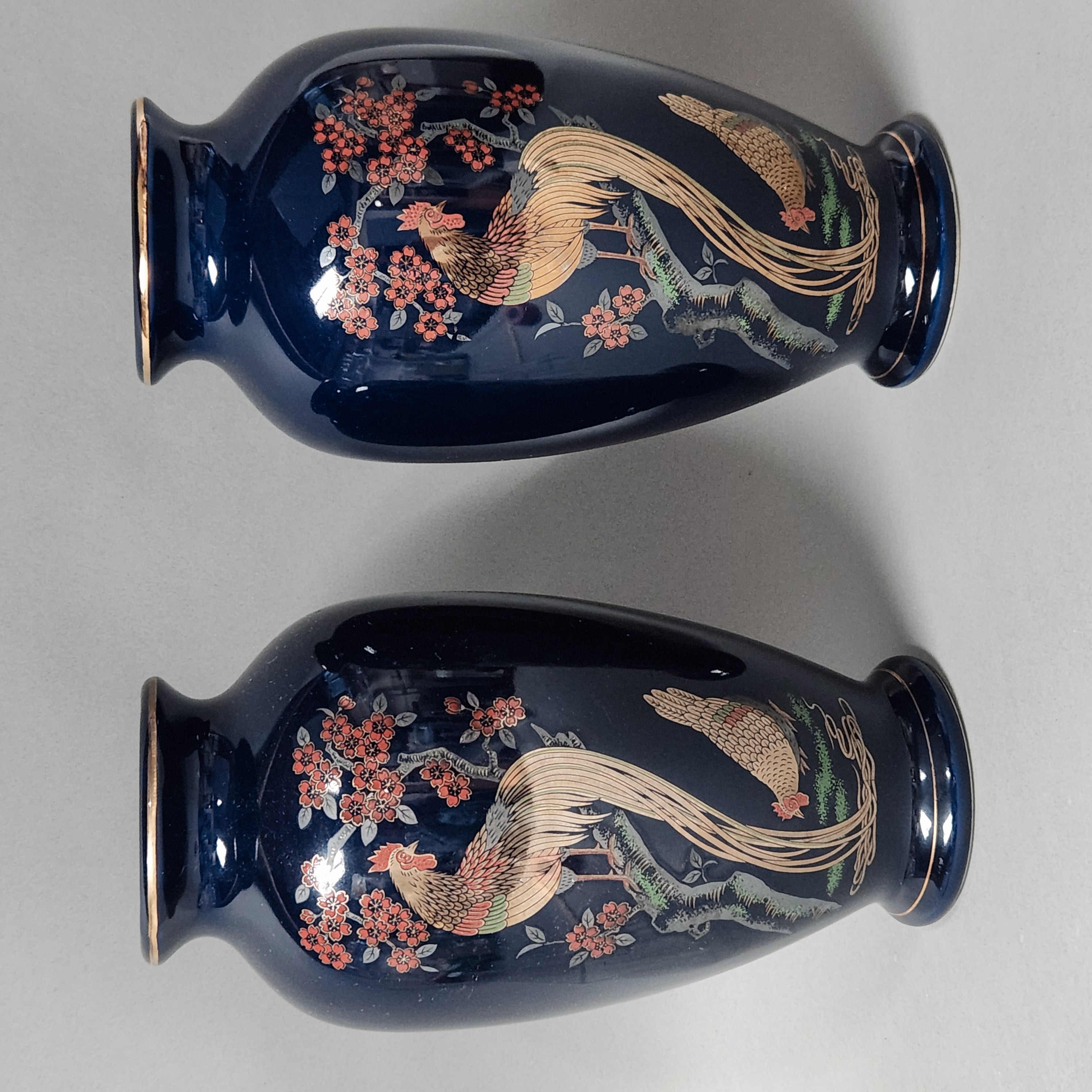 Japanese Cobalt Blue Rooster Vases