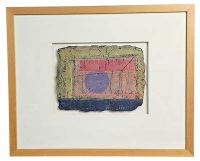 Signed Rimas Ciurlionis Circle Art Piece. This abstract mixed media work (oil on handmade 