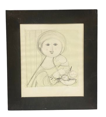 Modernist Graphite Figure with Bowl by Bjorn Wiinblad. A modernist graphite drawing by Danish 
