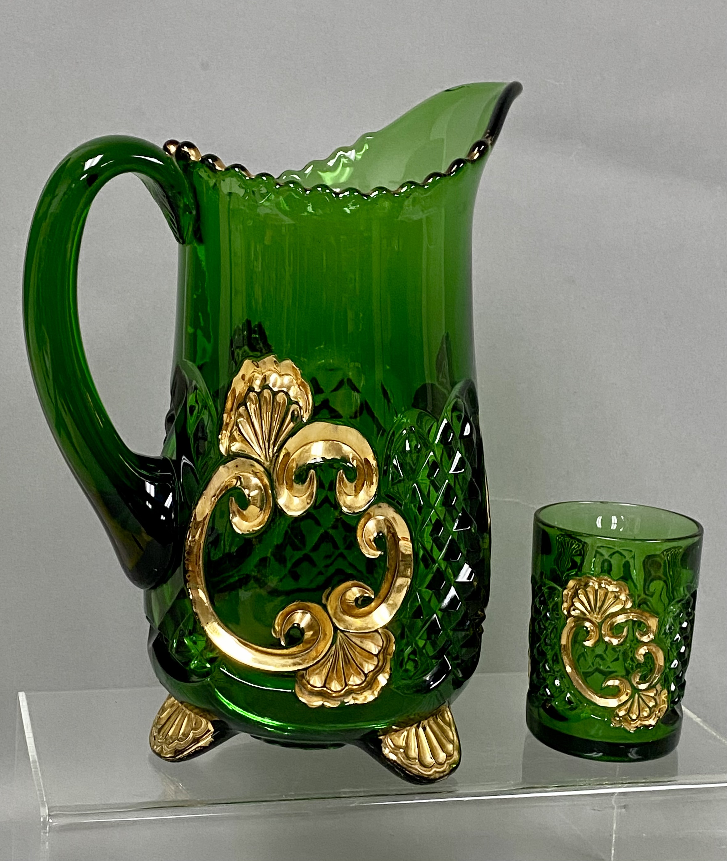 Emerald Glass Gilded Shell Pitcher and Tumbler