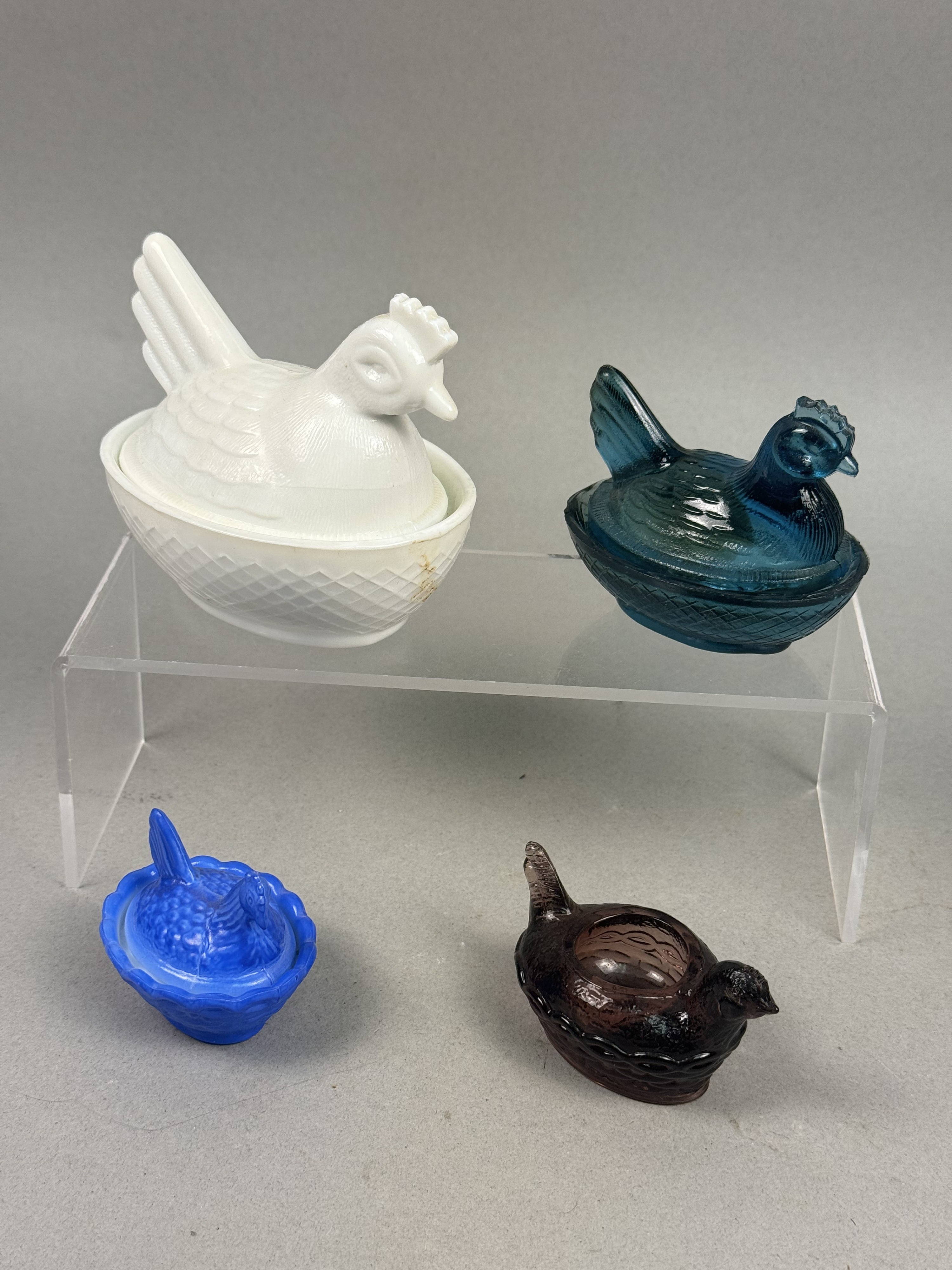 Fire-King and Tiara Glass Hen Dishes