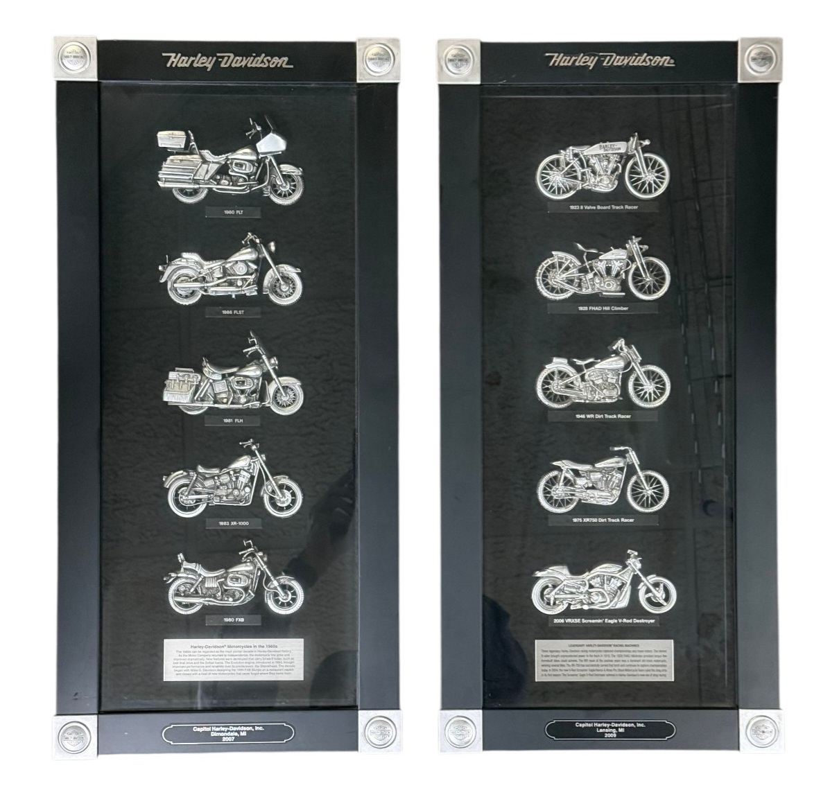 Two Harley-Davidson Framed Pewter Motorcycle Sets