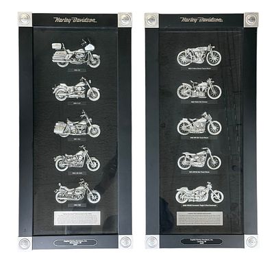 Two Harley-Davidson Framed Pewter Motorcycle Sets. Two black shadowbox displays featuring cast 