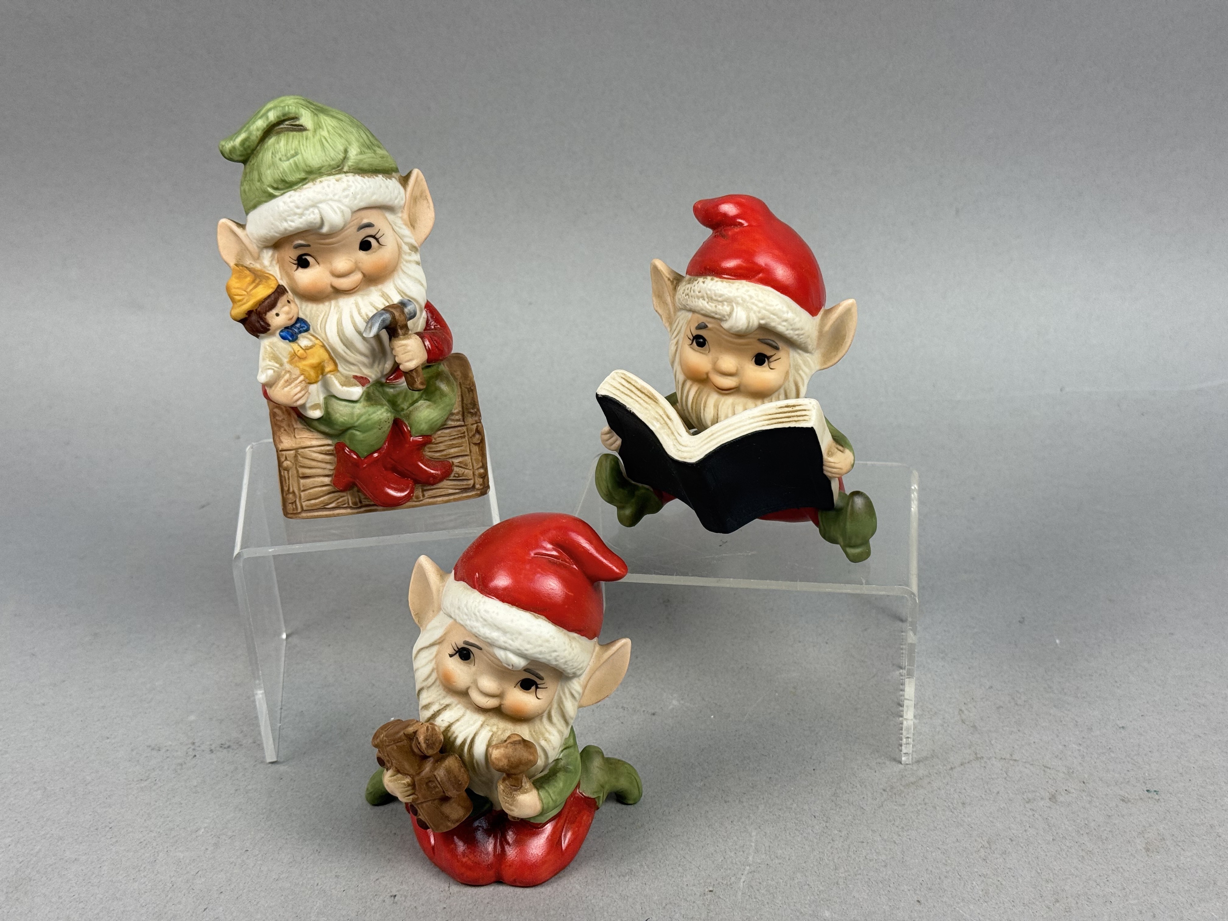 Homco Taiwan Painted Bisque Elf Trio