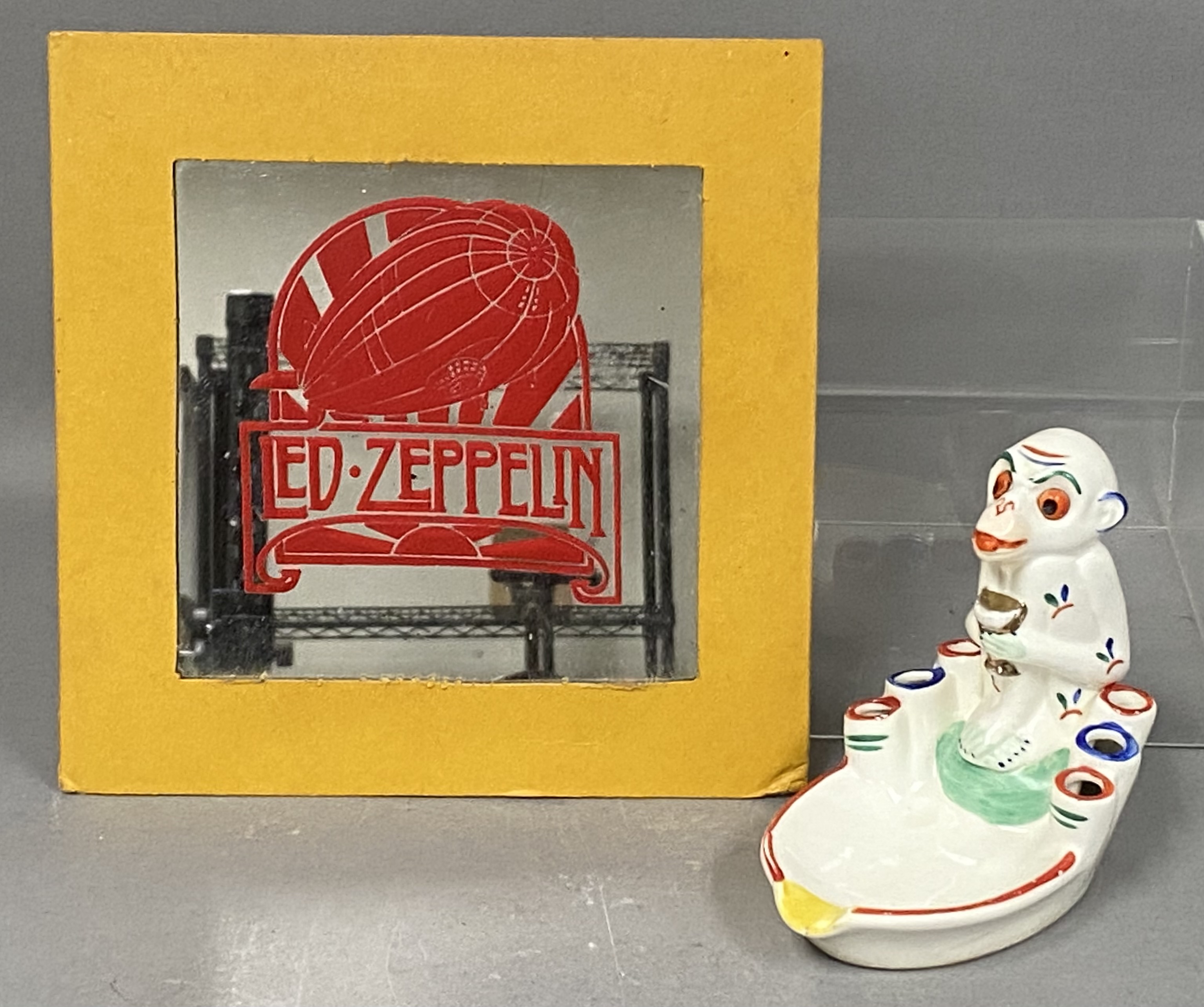 Led Zeppelin Mirror and German Porcelain Monkey Stand