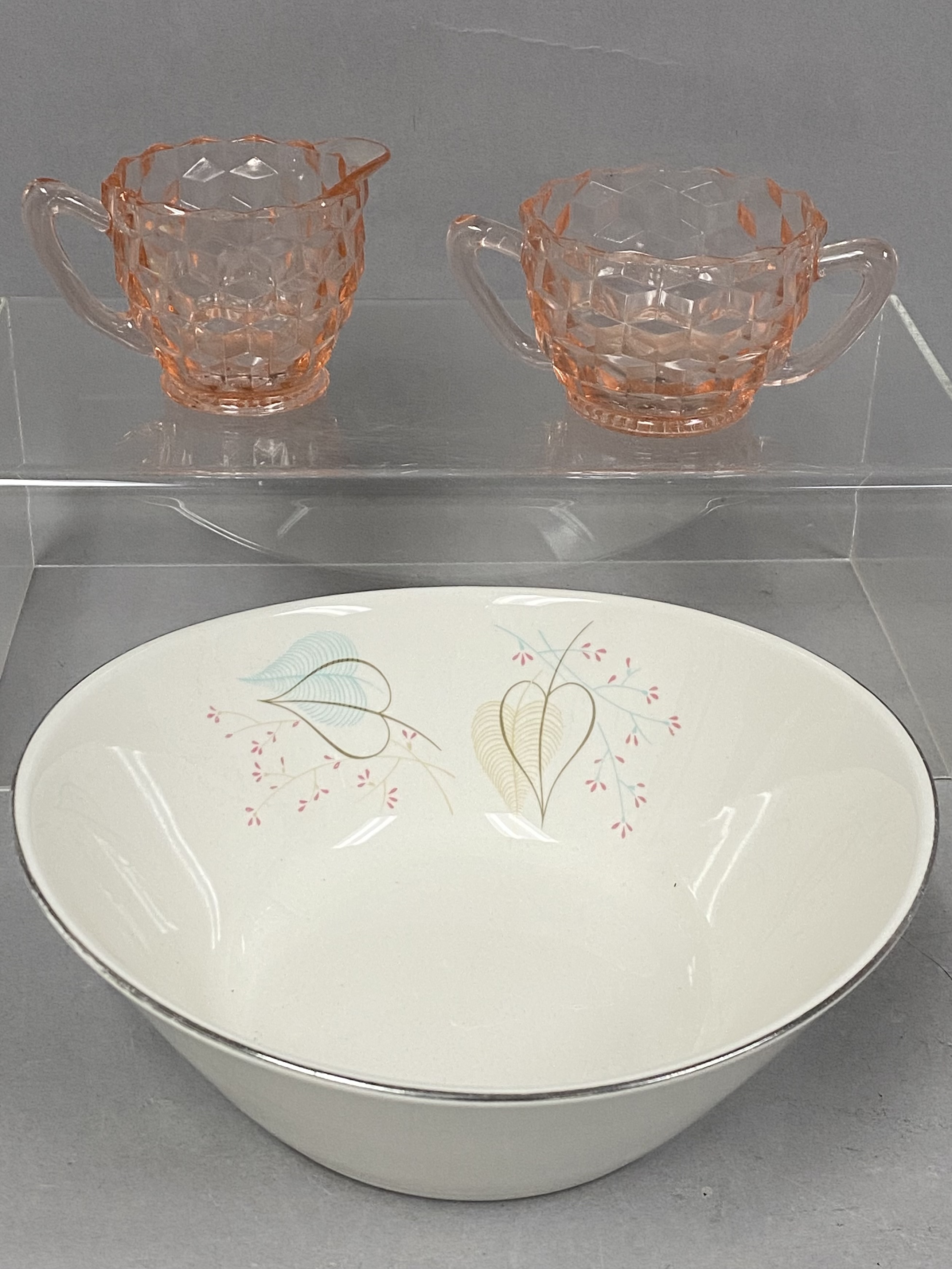 Homer Laughlin Woodland Ceramic Bowl and Pink Glass Set