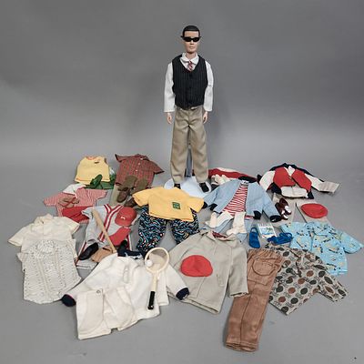 1960 Ken Doll & Clothes & Accessories. A 1960 Mattel Ken doll with brunette flocked hair and an 