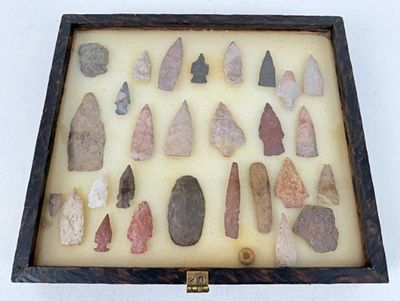 (28) Indian Arrowheads/Points. Sells with display case. Case: 12" X 13 1/2". Condition- 