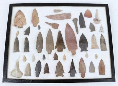 (39) Indian Arrowheads/Points. Comes with display case. Case: 12 1/4" X 16 1/4". There is a 