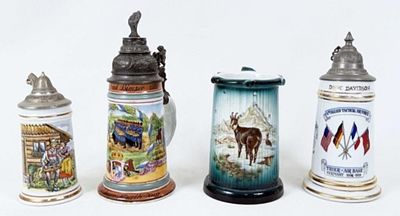 (4) German Beer Steins w/ Lithophane. (4) German Porcelain Beer Steins with Lithophane. (1) Karl 
