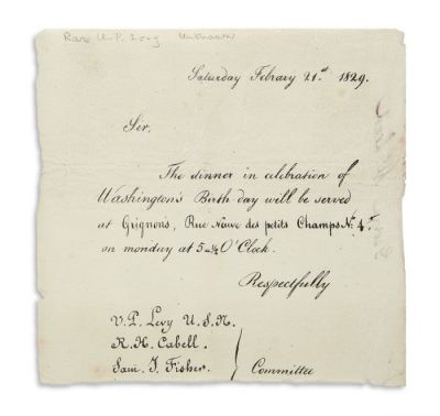 (AMERICAN JUDAICA).Printed Invitation to President’s Day Dinner from Uriah P. Levy, R.H. Cabell 