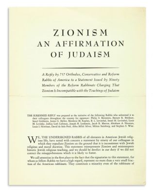 (AMERICAN JUDAICA).
Zionism: An Affirmation of Judaism. A Reply by 757 Orthodox, Conservative 