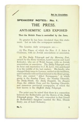 (ANGLO-JUDAICA).The Jewish Defence Campaign. Speakers’ Notes: Anti-Semitic Lies Exposed. 21 