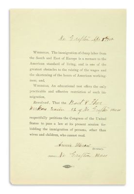 (AMERICAN-JUDAICA).(Anti-semitica). Anti-immigrant petition to Congress by the Boot and Shoe 