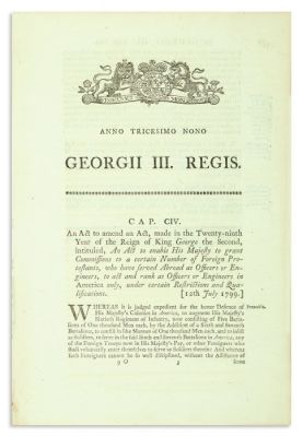 (ANGLO-AMERICAN JUDAICA).
(British Parliamentary Act). Anno Tricesimo Nono Georgii III Regis. 