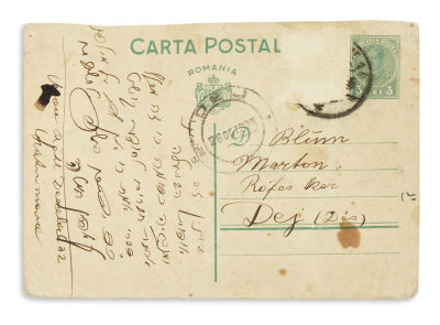 ROTH, AHARON ("Reb Ahrele", 1894-1947). Autograph Postcard Signed written in Hebrew on plain 