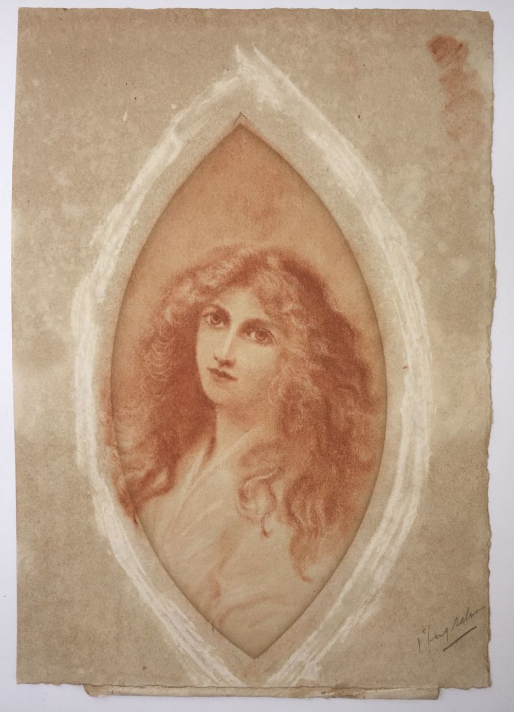 SALAMAN, KATE. Self-portrait (?). 
Cont&eacute; crayon on paper. Housed beneath wooden oval frame. 